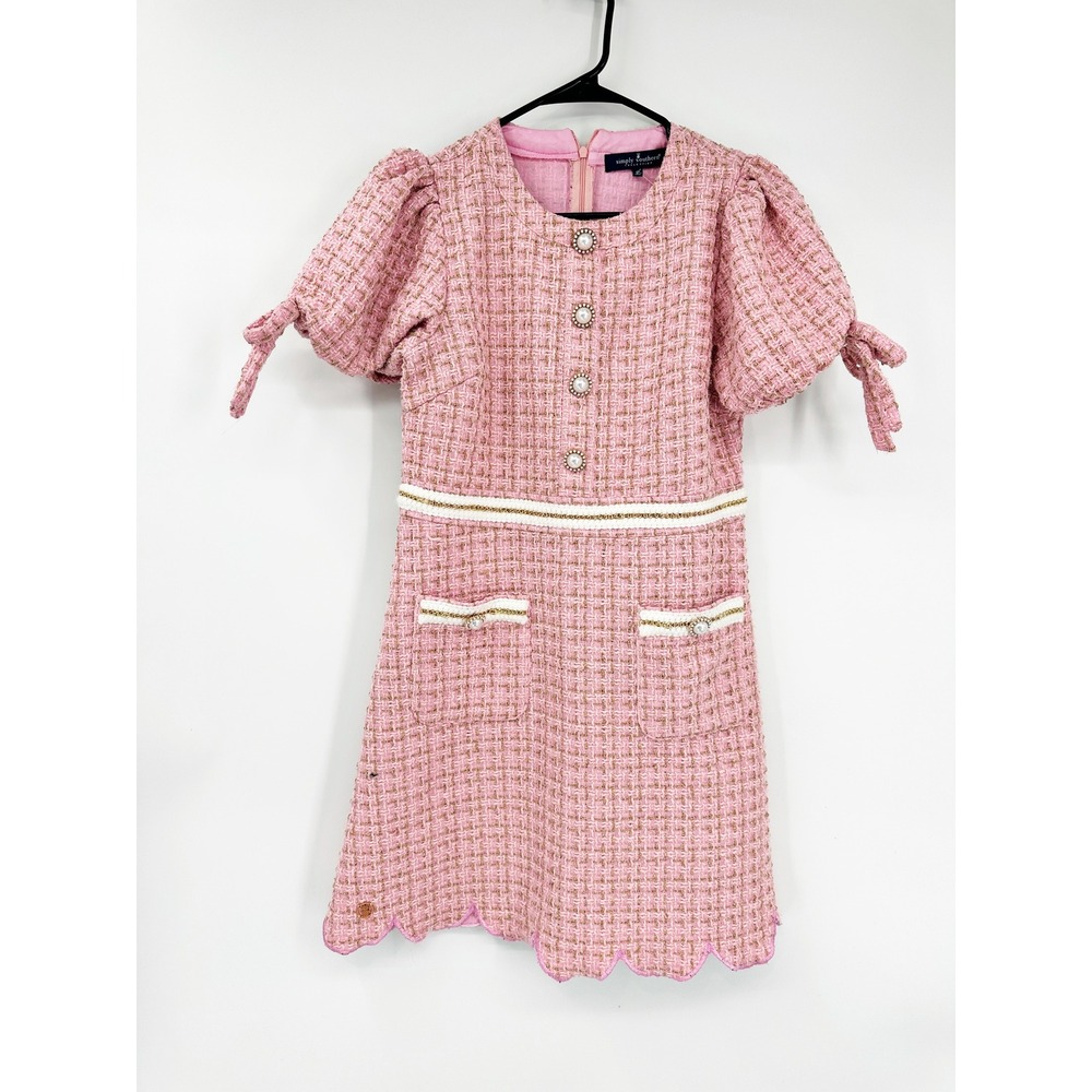 Simply Southern Tweed Dress Small‎ Pink Gold Metallic Preppy Chic - Picture 2 of 8